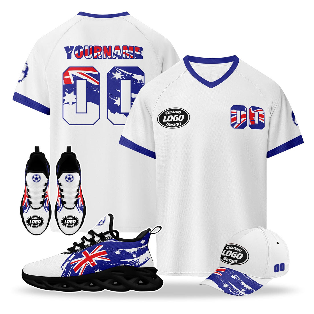 Custom Australia 2026 World Cup High Quality Soccer Stadium Version Jersey Sneakers Sports Shoes and Hat Combo Offer Personalized Team Name and Logo ZH-F025140-2