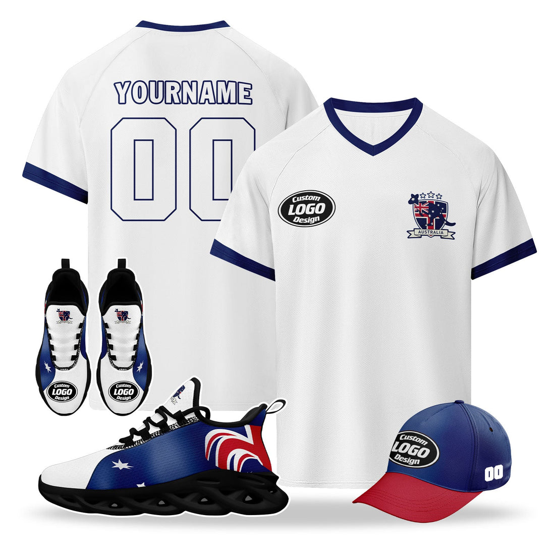 Custom Australia 2026 World Cup High Quality Soccer Stadium Version Jersey Sneakers Sports Shoes and Hat Combo Offer Personalized Team Name and Logo ZH-F025140-5