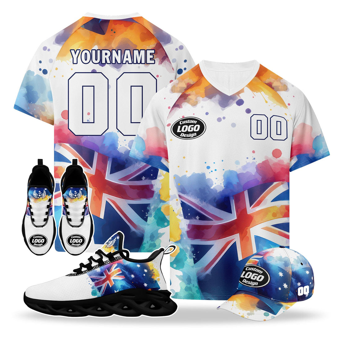 Custom Australia 2026 World Cup High Quality Soccer Stadium Version Jersey Sneakers Sports Shoes and Hat Combo Offer Personalized Team Name and Logo ZH-F025140-6