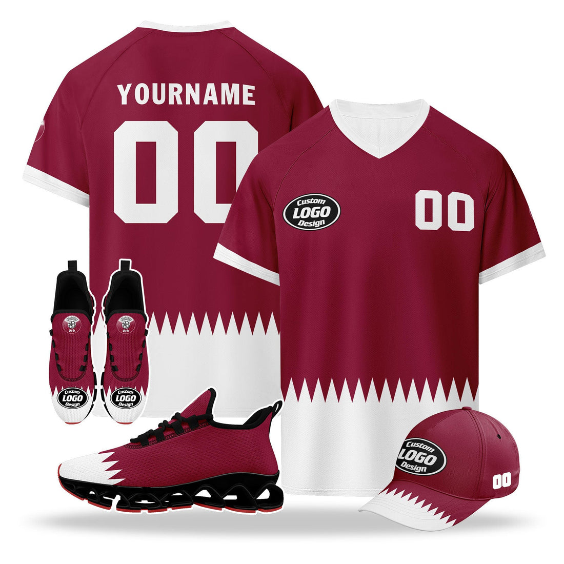 Custom Qatar 2026 World Cup High Quality Soccer Stadium Version Jersey Sneakers Sports Shoes and Hat Combo Offer Personalized Team Name and Logo ZH-F025144-1