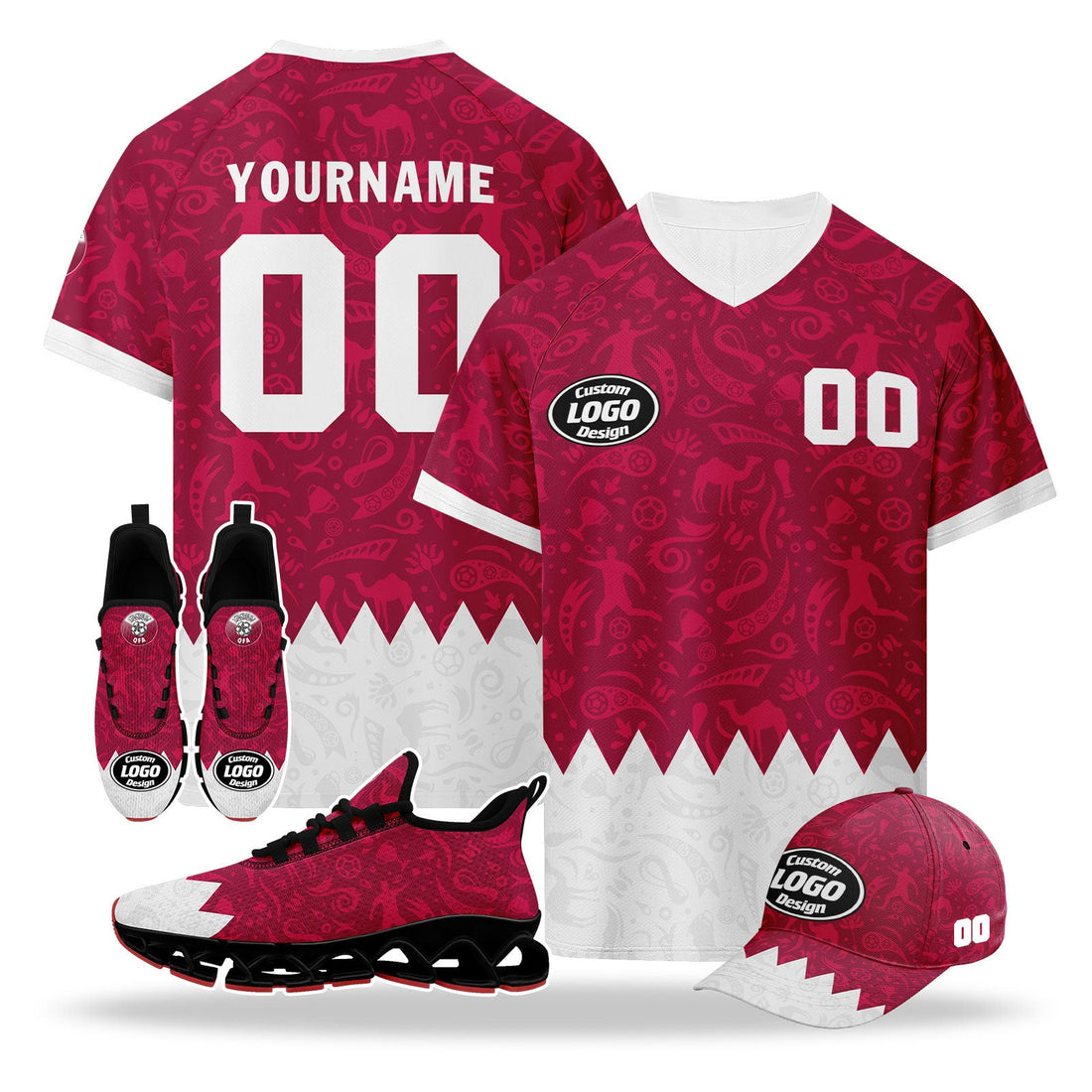 Custom Qatar 2026 World Cup High Quality Soccer Stadium Version Jersey Sneakers Sports Shoes and Hat Combo Offer Personalized Team Name and Logo ZH-F025144-2