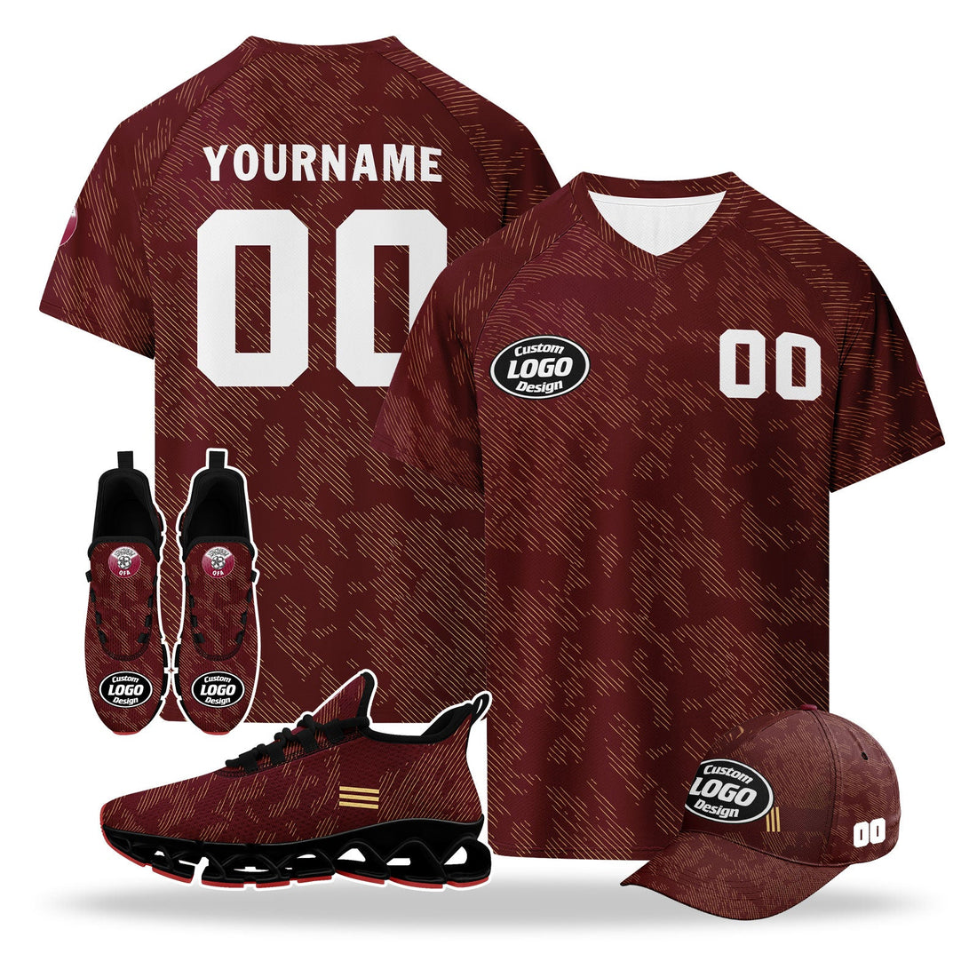 Custom Qatar 2026 World Cup High Quality Soccer Stadium Version Jersey Sneakers Sports Shoes and Hat Combo Offer Personalized Team Name and Logo ZH-F025144-5