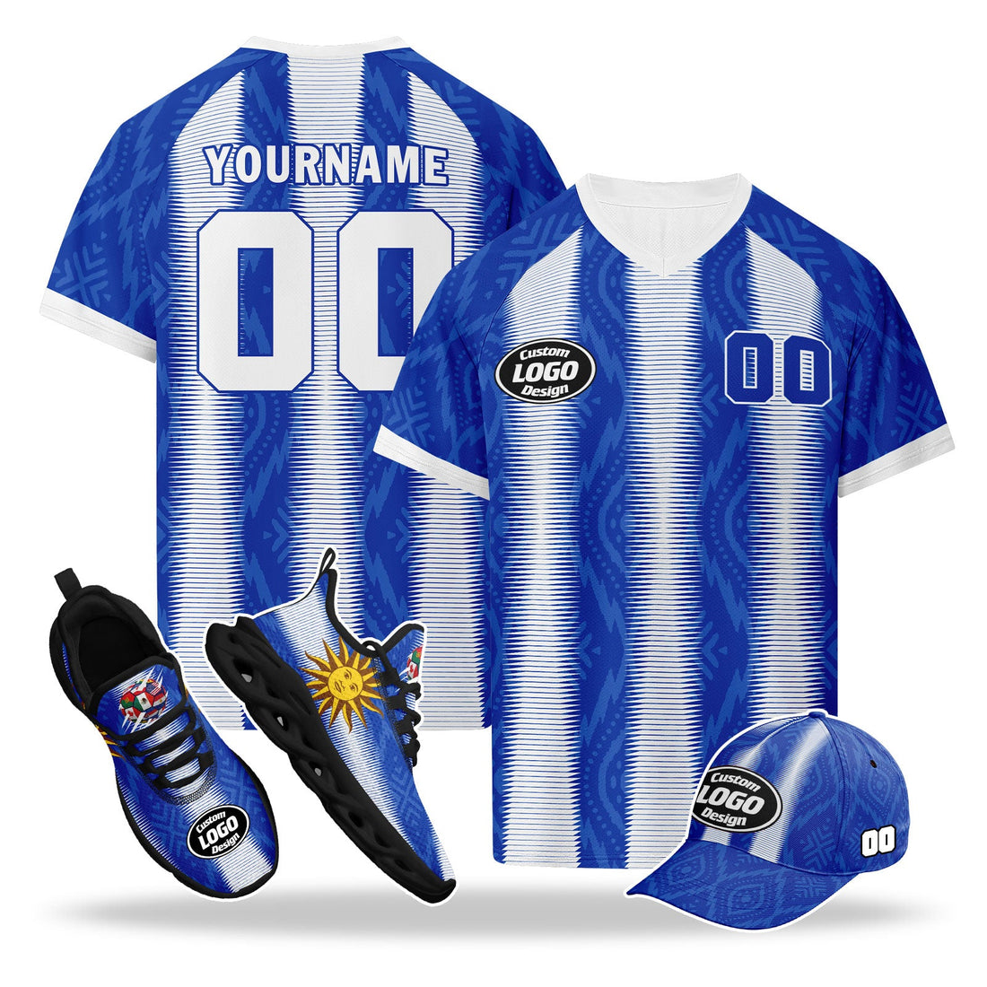 Custom Uruguay 2026 World Cup High Quality Soccer Stadium Version Jersey Sneakers Sports Shoes and Hat Combo Offer Personalized Team Name and Logo ZH-F025152-1