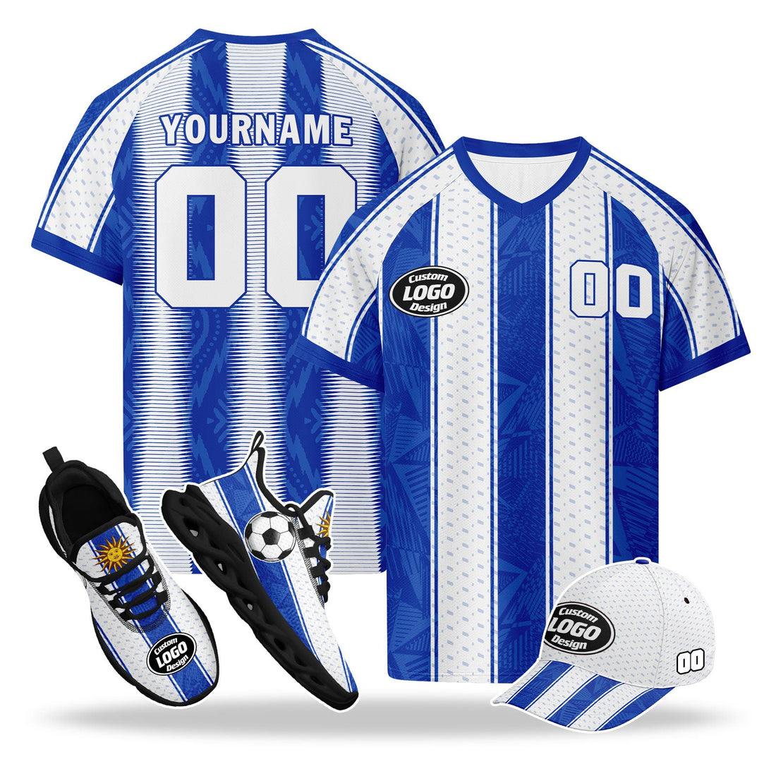Custom Uruguay 2026 World Cup High Quality Soccer Stadium Version Jersey Sneakers Sports Shoes and Hat Combo Offer Personalized Team Name and Logo ZH-F025152-3
