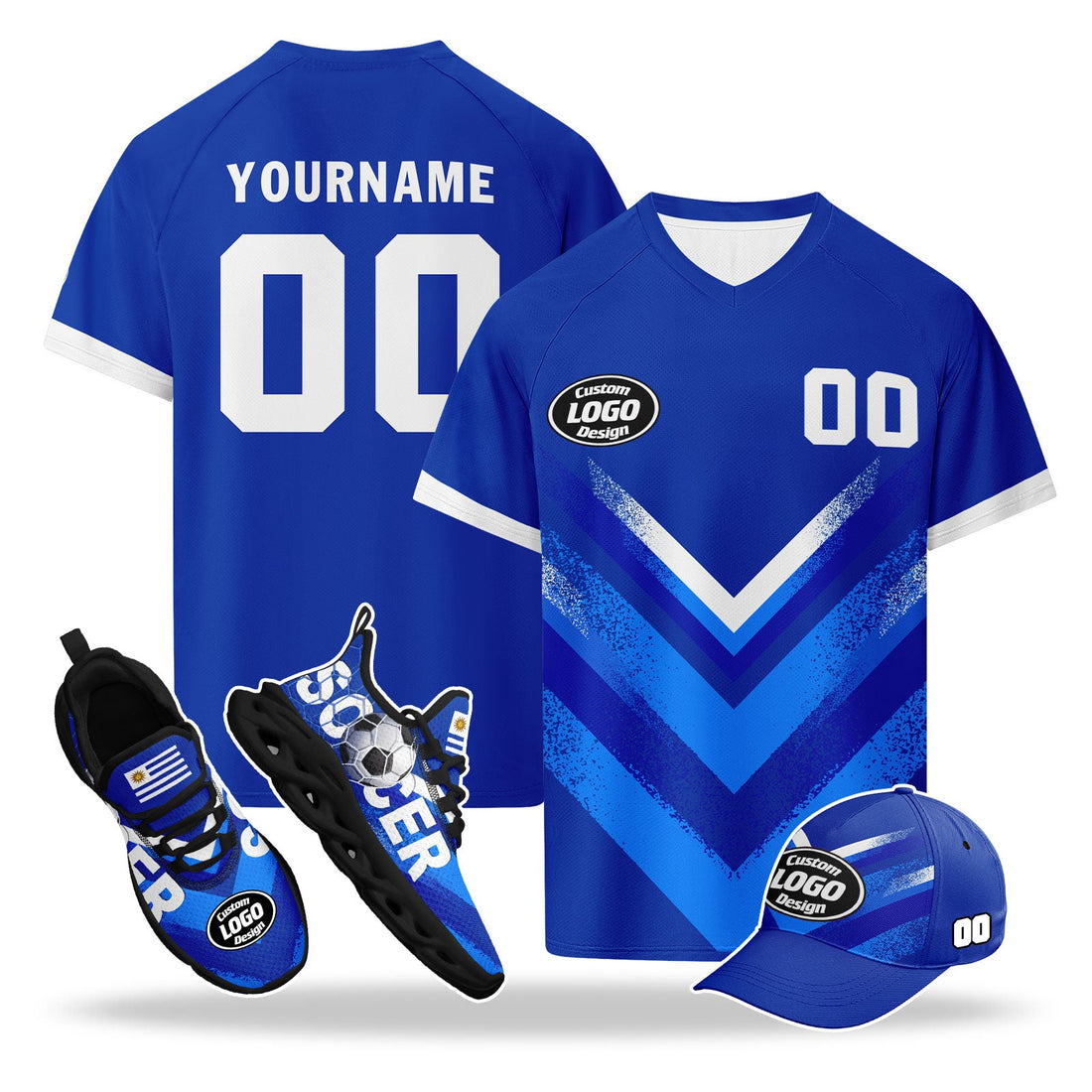 Custom Uruguay 2026 World Cup High Quality Soccer Stadium Version Jersey Sneakers Sports Shoes and Hat Combo Offer Personalized Team Name and Logo ZH-F025152-5