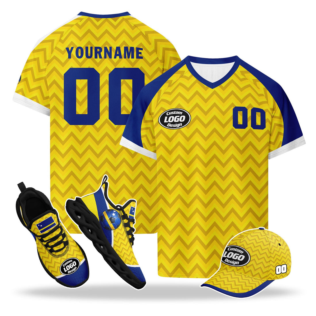 Custom Curaçao 2026 World Cup High Quality Soccer Stadium Version Jersey Sneakers Sports Shoes and Hat Combo Offer Personalized Team Name and Logo ZH-F025153-1
