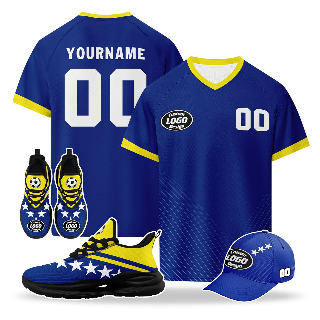 Custom Curaçao 2026 World Cup High Quality Soccer Stadium Version Jersey Sneakers Sports Shoes and Hat Combo Offer Personalized Team Name and Logo ZH-F025154-5