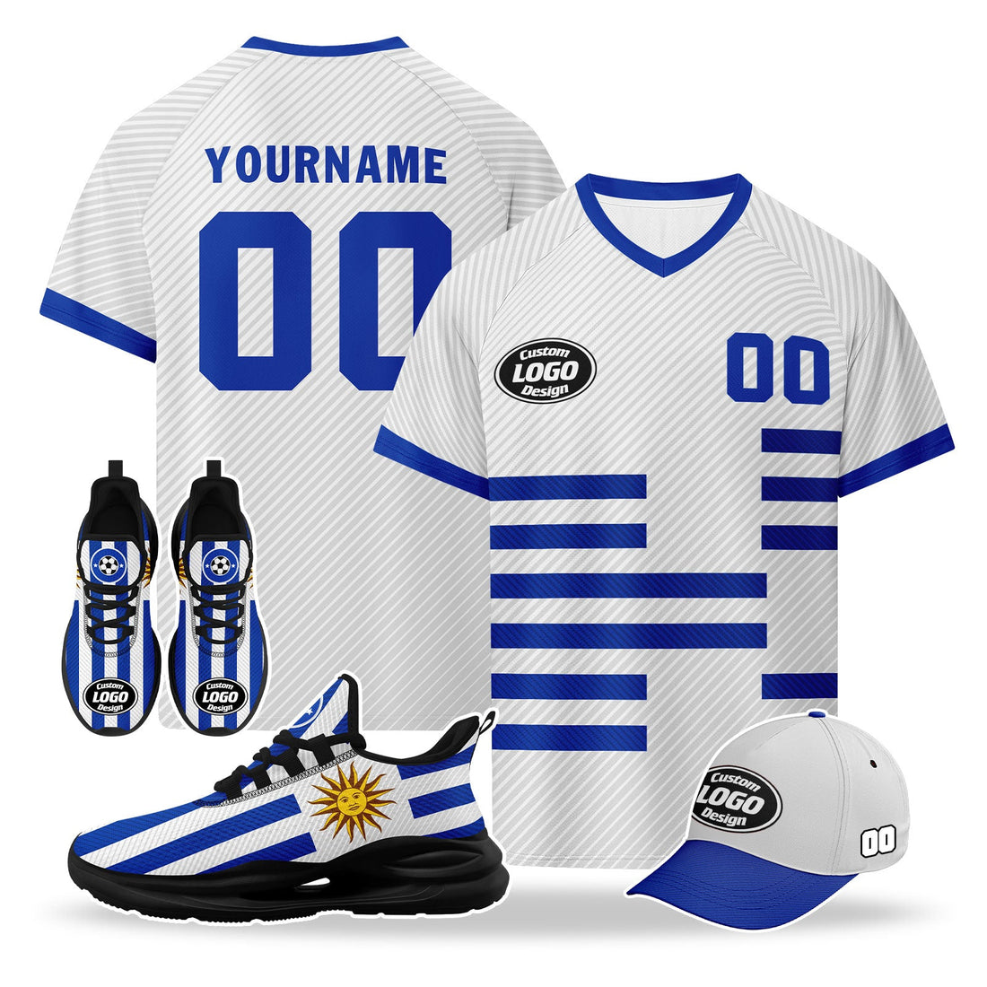 Custom Uruguay 2026 World Cup High Quality Soccer Stadium Version Jersey Sneakers Sports Shoes and Hat Combo Offer Personalized Team Name and Logo ZH-F025155-4