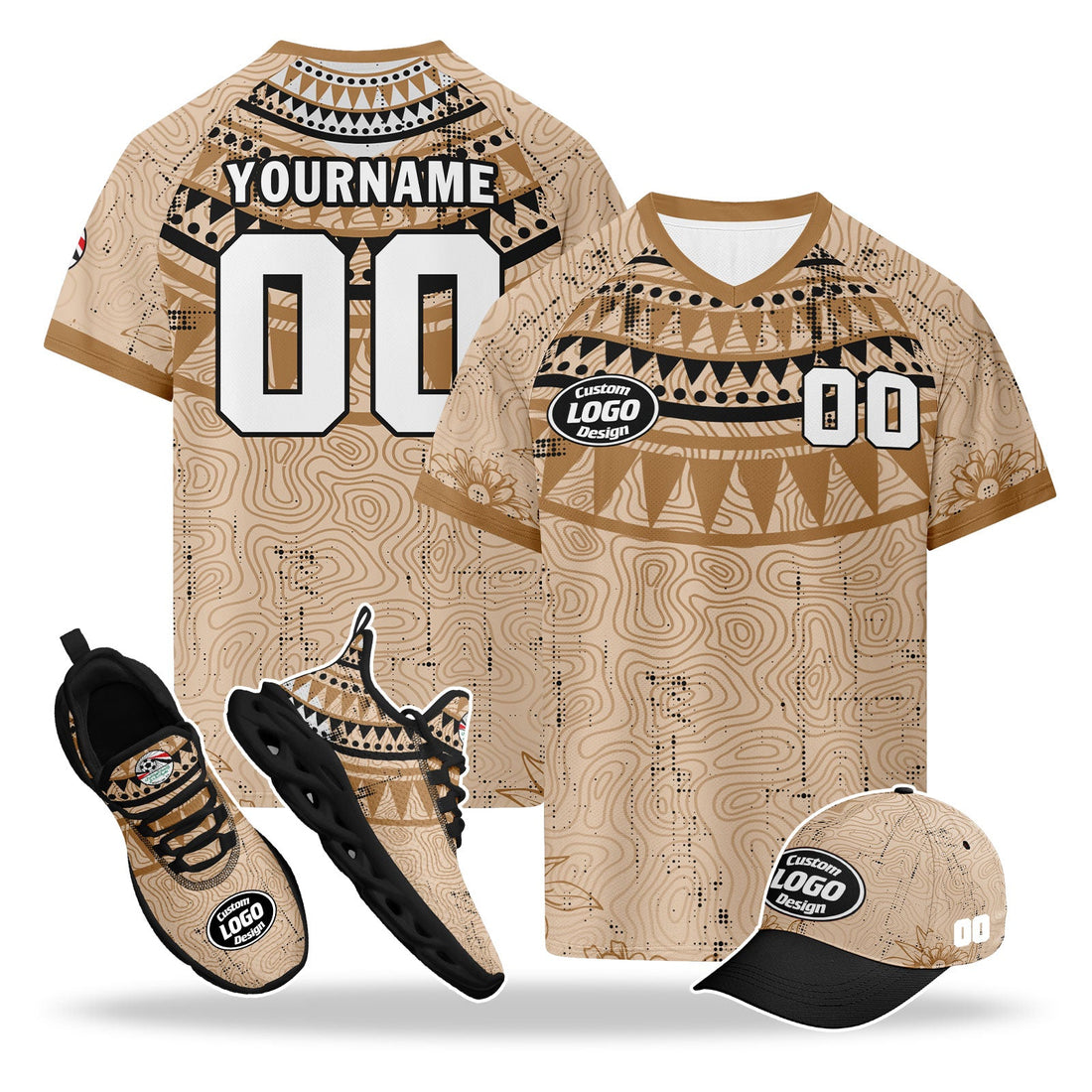 Custom Egypt 2026 World Cup High Quality Soccer Stadium Version Jersey Sneakers Sports Shoes and Hat Combo Offer Personalized Team Name and Logo ZH-F025147-5