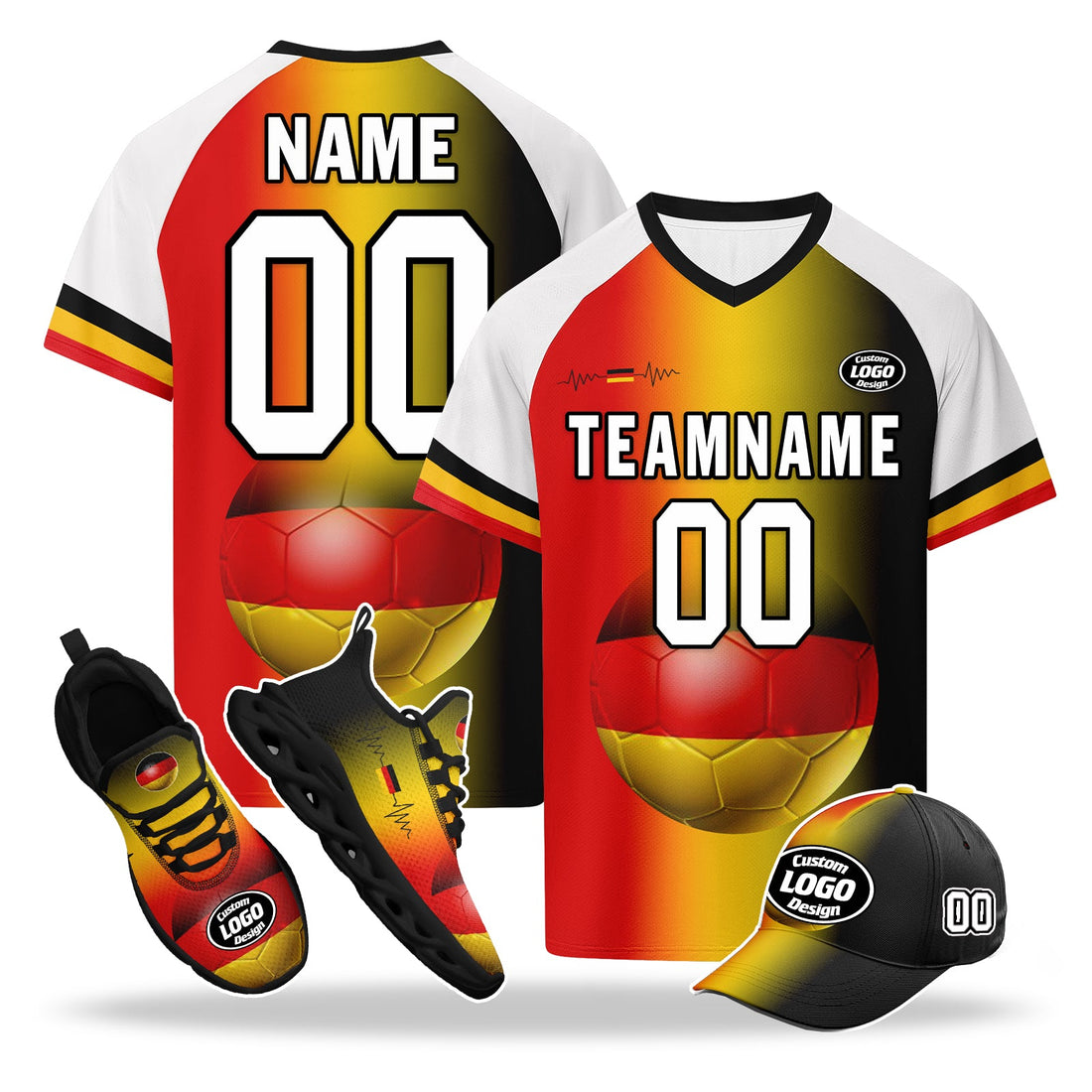 Custom Germany 2026 World Cup High Quality Soccer Stadium Version Jersey Sneakers Sports Shoes and Hat Combo Offer Personalized Team Name and Logo ZH-F028100-10