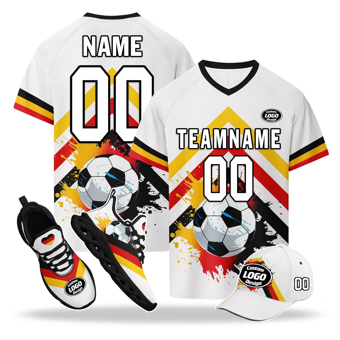 Custom Germany 2026 World Cup High Quality Soccer Stadium Version Jersey Sneakers Sports Shoes and Hat Combo Offer Personalized Team Name and Logo ZH-F028100-3