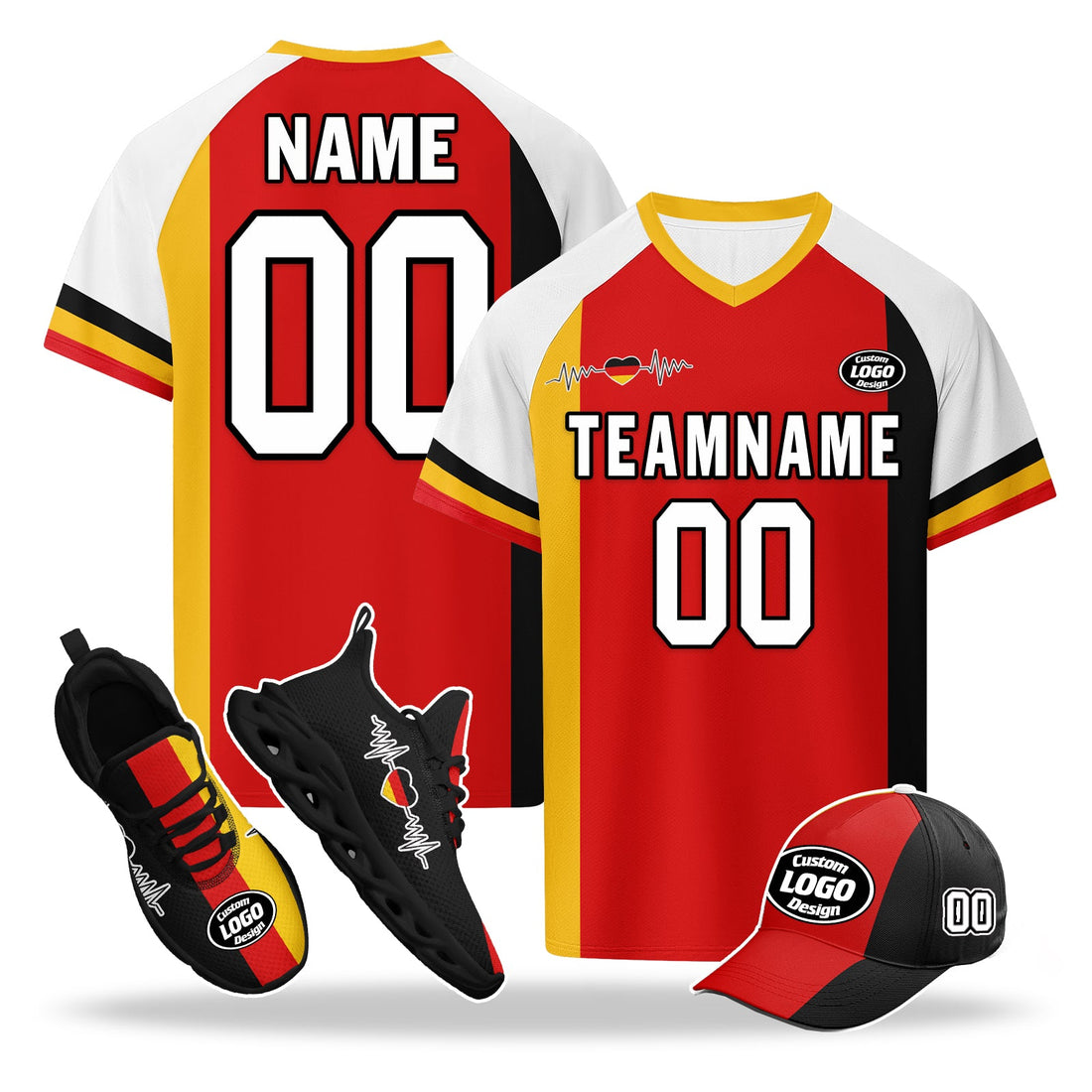 Custom Germany 2026 World Cup High Quality Soccer Stadium Version Jersey Sneakers Sports Shoes and Hat Combo Offer Personalized Team Name and Logo ZH-F028100-5