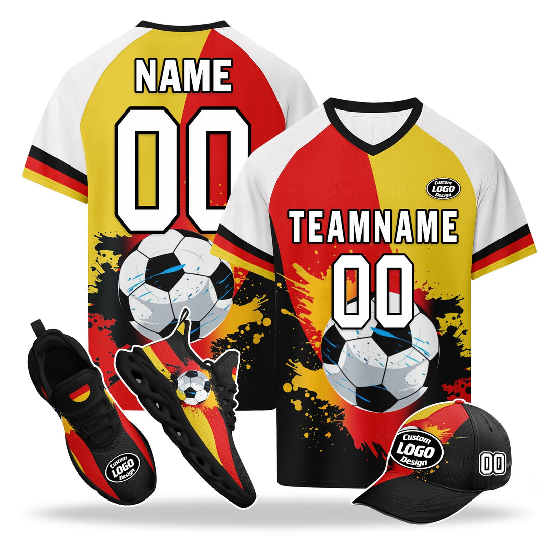 Custom Germany 2026 World Cup High Quality Soccer Stadium Version Jersey Sneakers Sports Shoes and Hat Combo Offer Personalized Team Name and Logo ZH-F028100-6