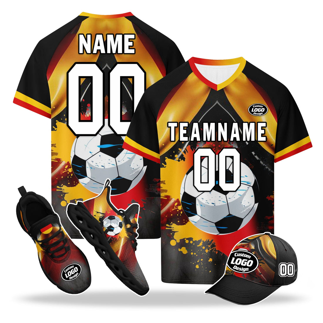 Custom Germany 2026 World Cup High Quality Soccer Stadium Version Jersey Sneakers Sports Shoes and Hat Combo Offer Personalized Team Name and Logo ZH-F028100-7