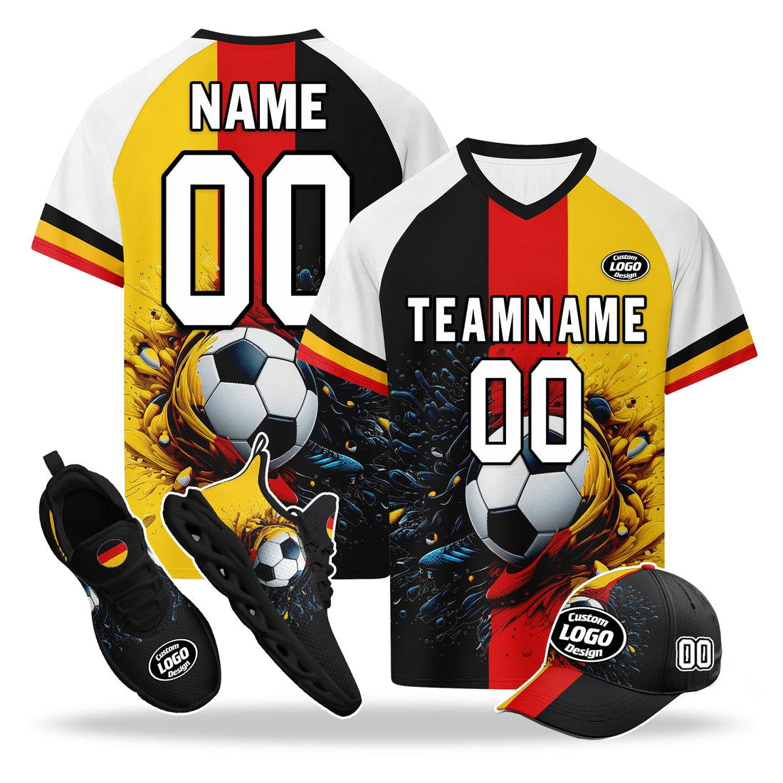 Custom Germany 2026 World Cup High Quality Soccer Stadium Version Jersey Sneakers Sports Shoes and Hat Combo Offer Personalized Team Name and Logo ZH-F028100-8
