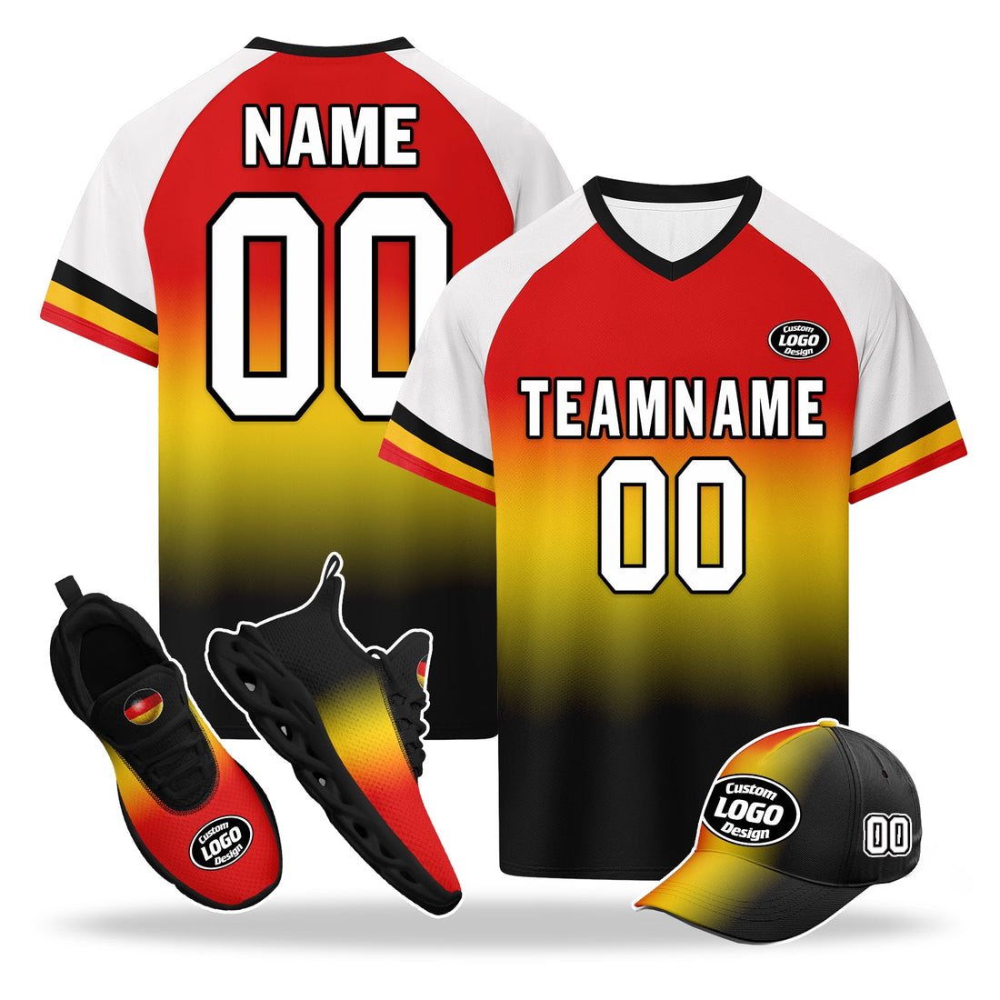 Custom Germany 2026 World Cup High Quality Soccer Stadium Version Jersey Sneakers Sports Shoes and Hat Combo Offer Personalized Team Name and Logo ZH-F028100-9