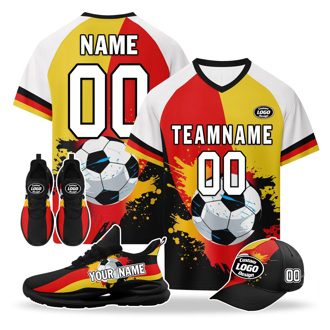Custom Germany 2026 World Cup High Quality Soccer Stadium Version Jersey Sneakers Sports Shoes and Hat Combo Offer Personalized Team Name and Logo ZH-F028102-6