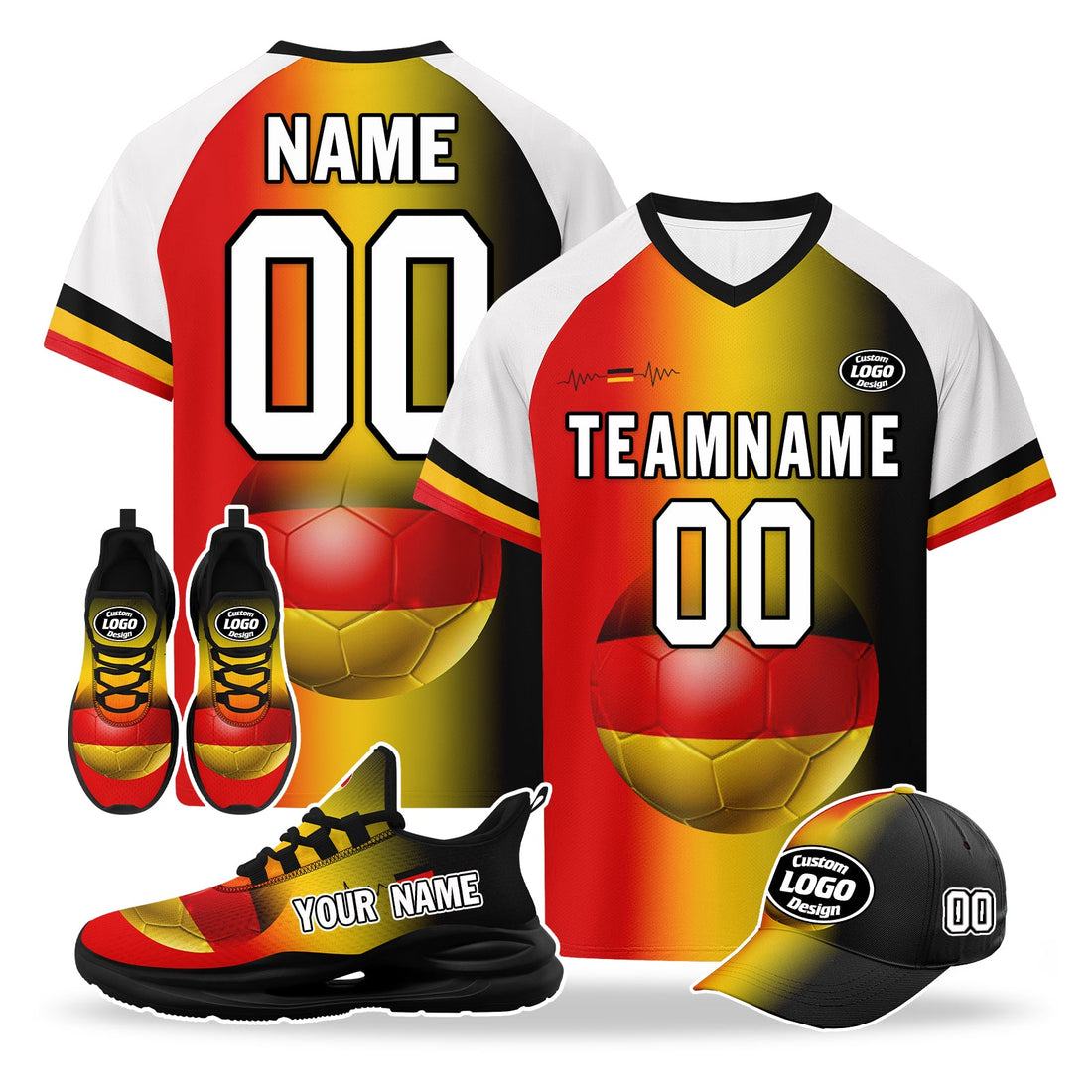 Custom Germany 2026 World Cup High Quality Soccer Stadium Version Jersey Sneakers Sports Shoes and Hat Combo Offer Personalized Team Name and Logo ZH-F028102-10