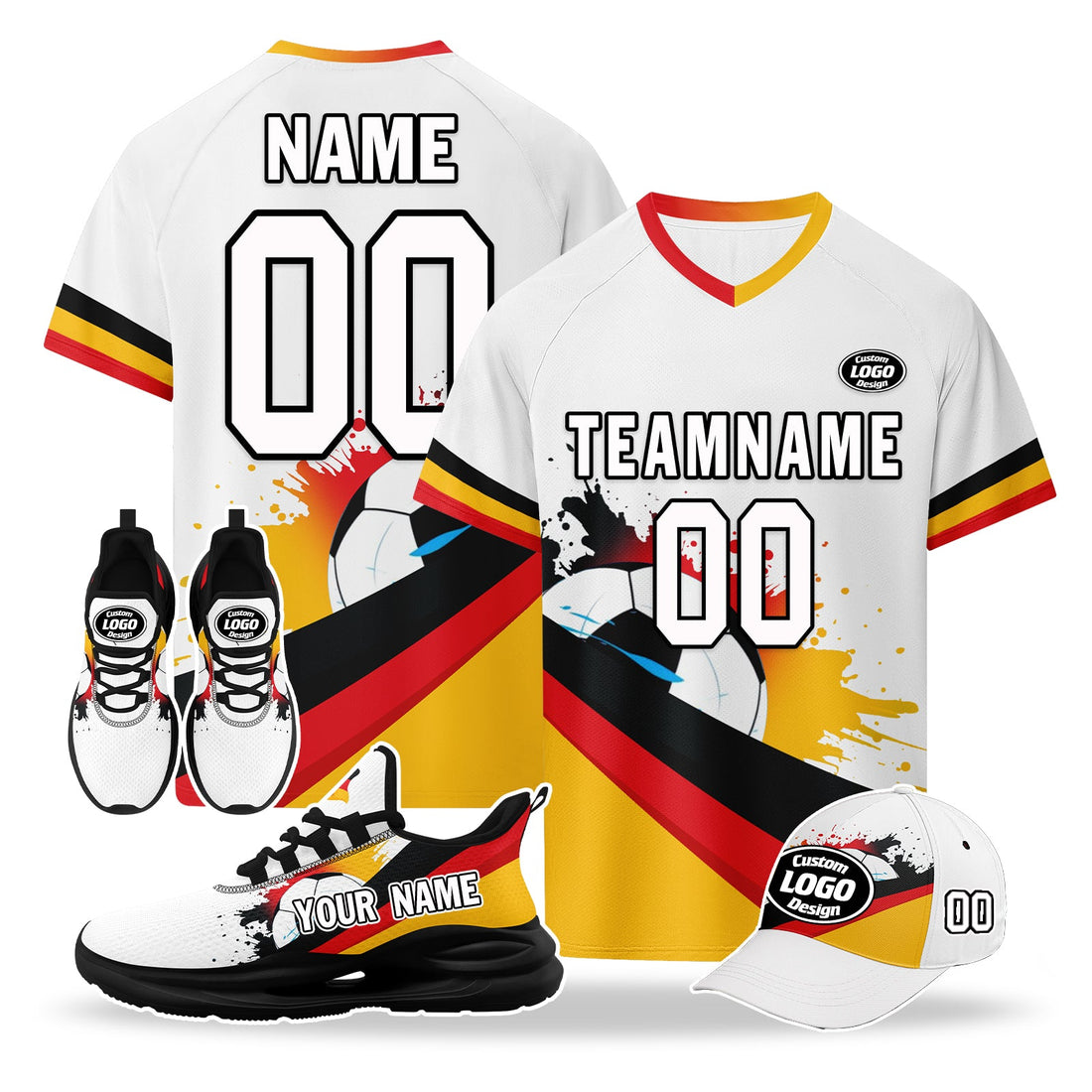 Custom Germany 2026 World Cup High Quality Soccer Stadium Version Jersey Sneakers Sports Shoes and Hat Combo Offer Personalized Team Name and Logo ZH-F028102-1