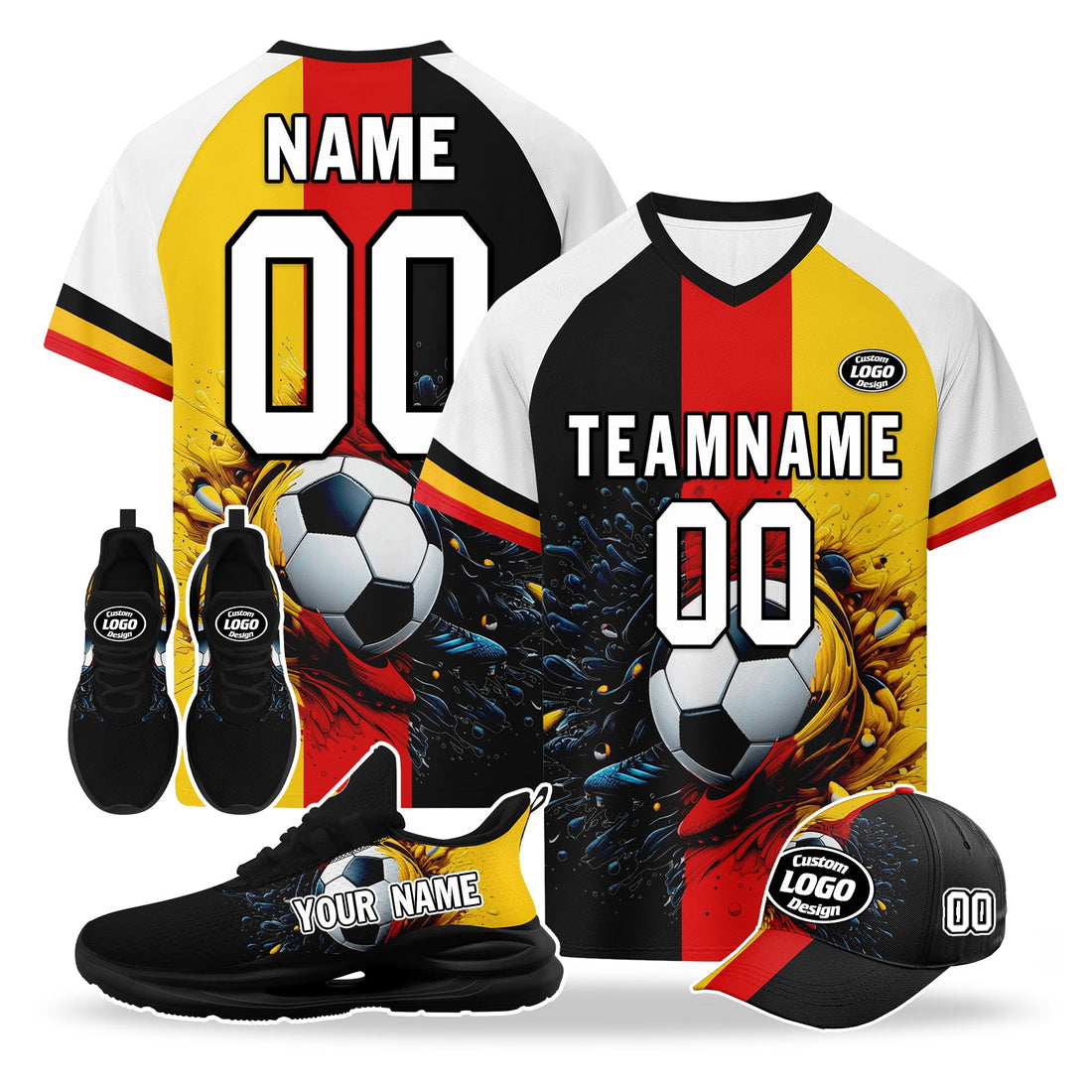 Custom Germany 2026 World Cup High Quality Soccer Stadium Version Jersey Sneakers Sports Shoes and Hat Combo Offer Personalized Team Name and Logo ZH-F028102-8