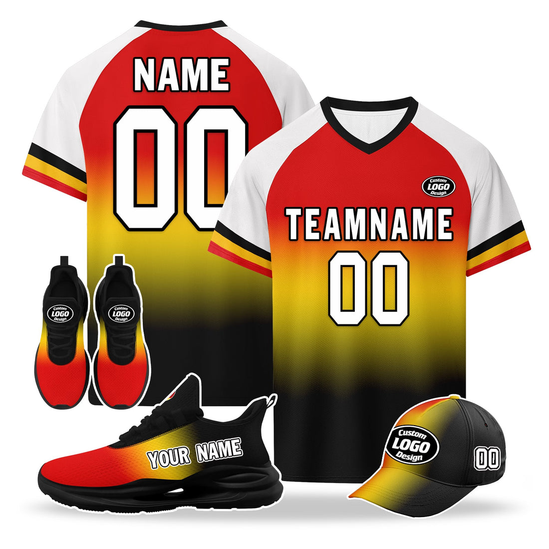 Custom Germany 2026 World Cup High Quality Soccer Stadium Version Jersey Sneakers Sports Shoes and Hat Combo Offer Personalized Team Name and Logo ZH-F028102-9