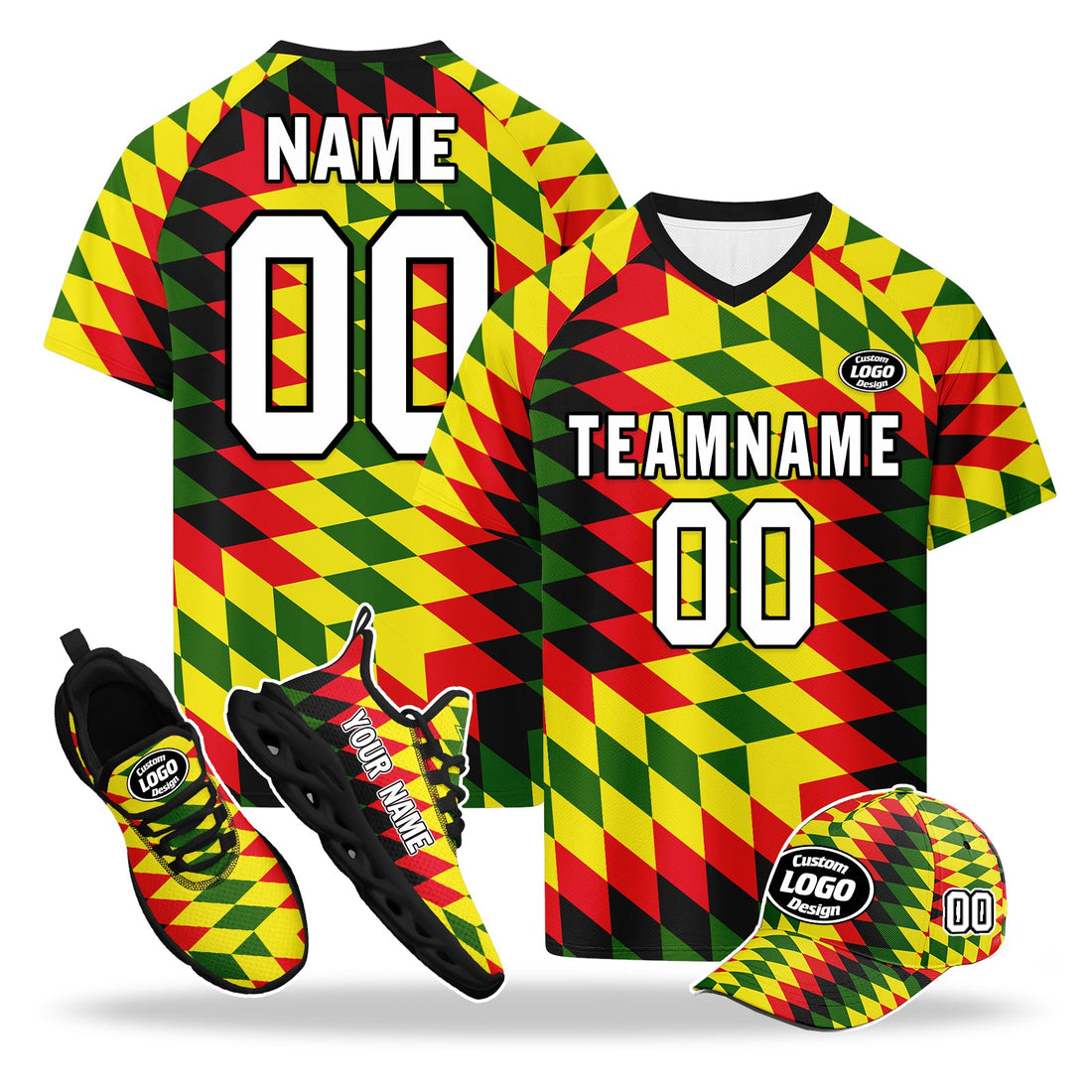 Custom Portugal 2026 World Cup High Quality Soccer Stadium Version Jersey Sneakers Sports Shoes and Hat Combo Offer Personalized Team Name and Logo ZH-F028104-10
