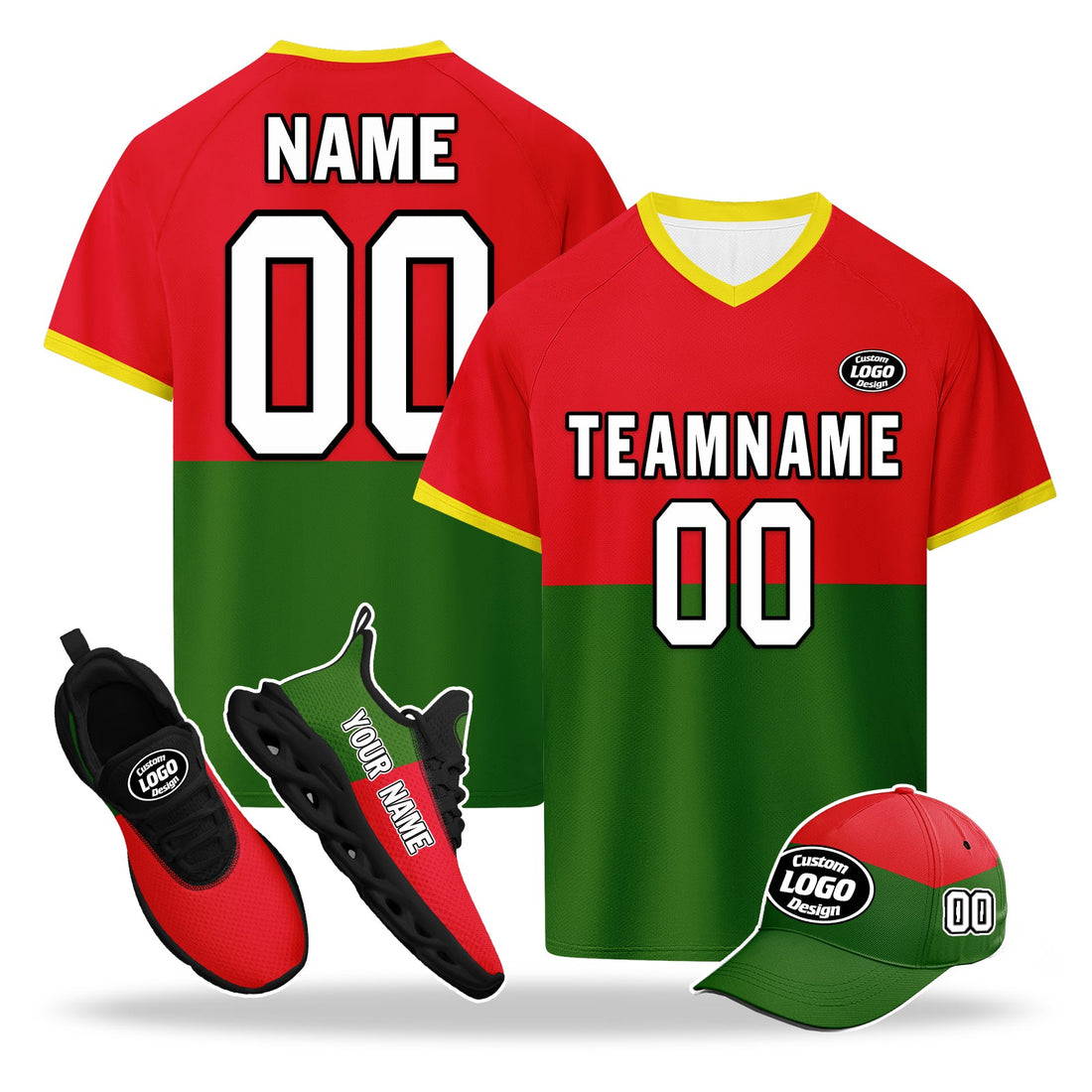 Custom Portugal 2026 World Cup High Quality Soccer Stadium Version Jersey Sneakers Sports Shoes and Hat Combo Offer Personalized Team Name and Logo ZH-F028104-1