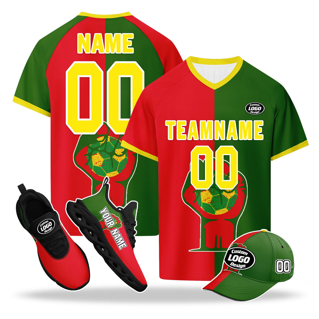 Custom Portugal 2026 World Cup High Quality Soccer Stadium Version Jersey Sneakers Sports Shoes and Hat Combo Offer Personalized Team Name and Logo ZH-F028104-2