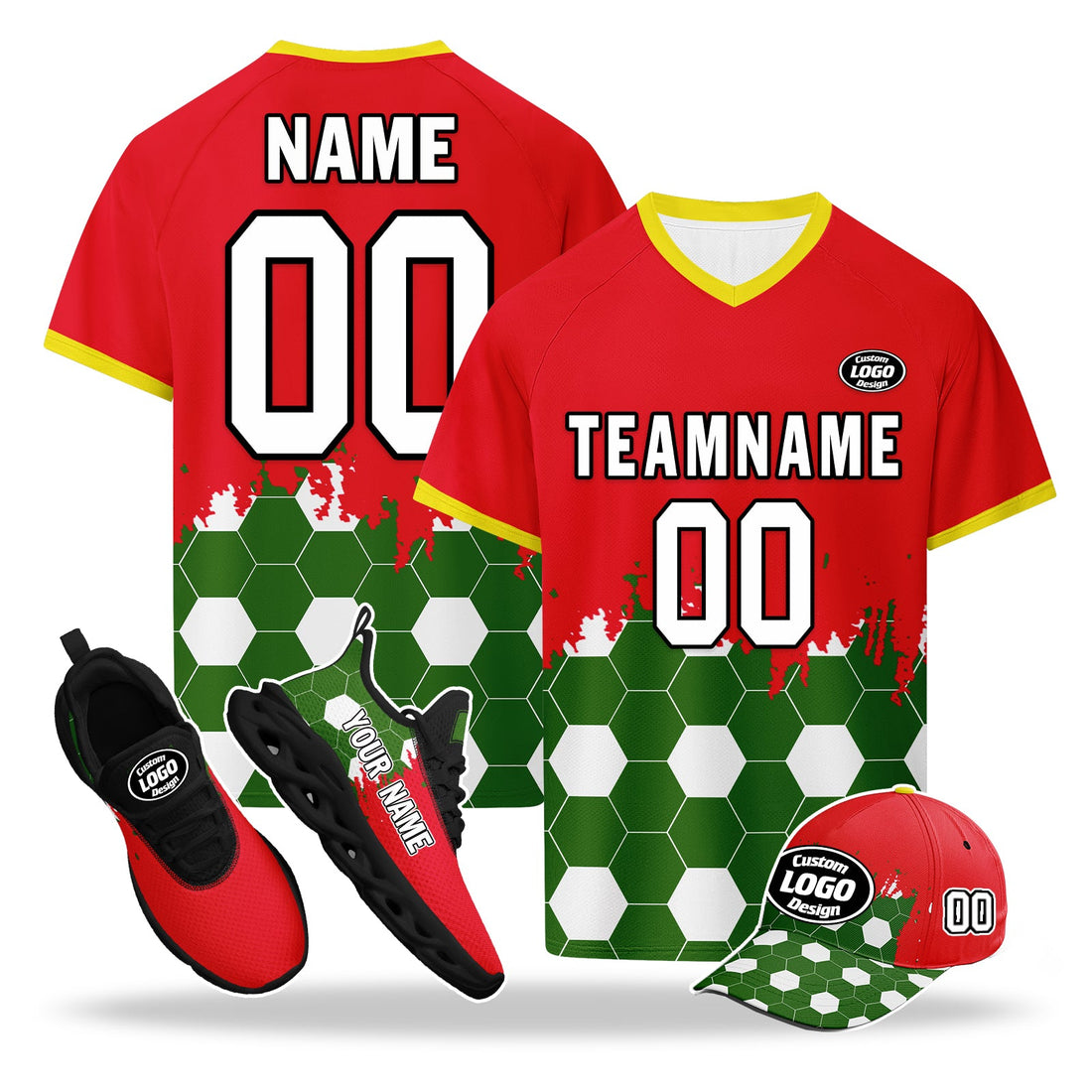 Custom Portugal 2026 World Cup High Quality Soccer Stadium Version Jersey Sneakers Sports Shoes and Hat Combo Offer Personalized Team Name and Logo ZH-F028104-4