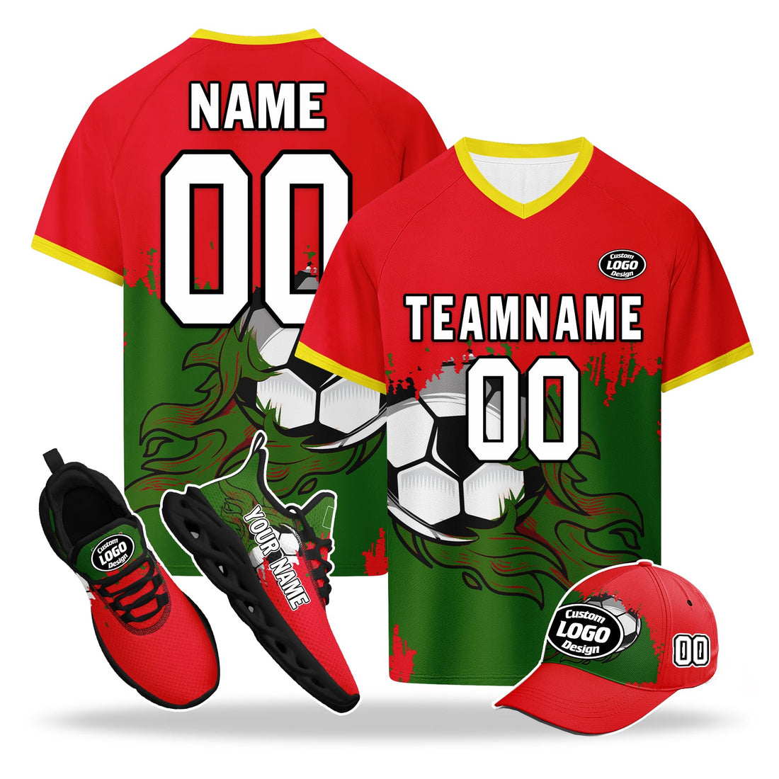 Custom Portugal 2026 World Cup High Quality Soccer Stadium Version Jersey Sneakers Sports Shoes and Hat Combo Offer Personalized Team Name and Logo ZH-F028104-5