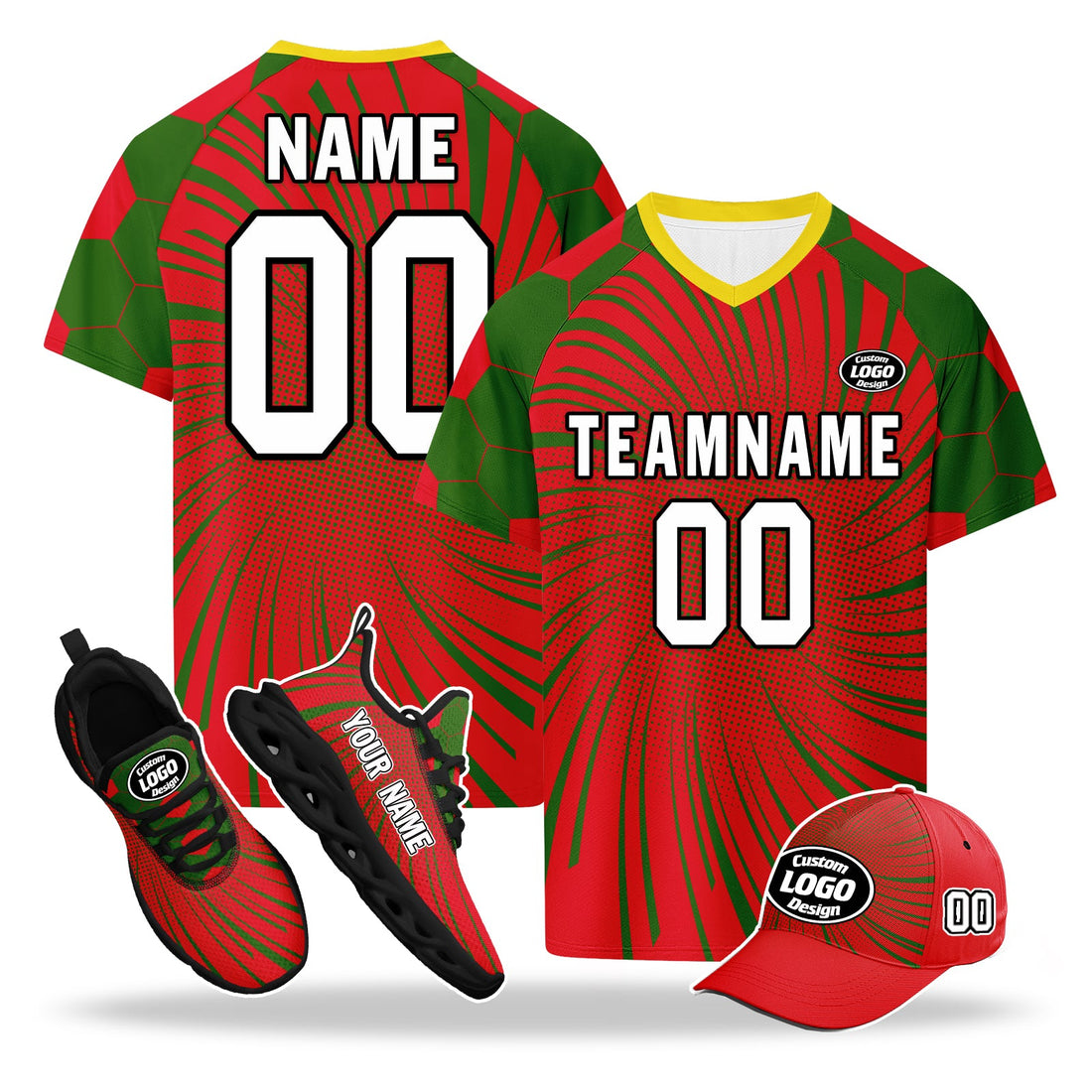 Custom Portugal 2026 World Cup High Quality Soccer Stadium Version Jersey Sneakers Sports Shoes and Hat Combo Offer Personalized Team Name and Logo ZH-F028104-7