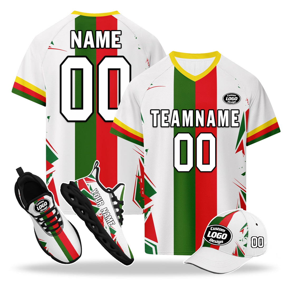 Custom Portugal 2026 World Cup High Quality Soccer Stadium Version Jersey Sneakers Sports Shoes and Hat Combo Offer Personalized Team Name and Logo ZH-F028104-8