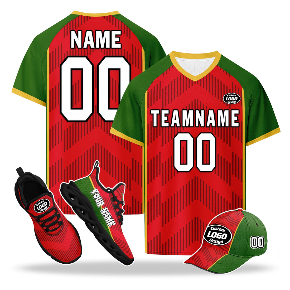 Custom Portugal 2026 World Cup High Quality Soccer Stadium Version Jersey Sneakers Sports Shoes and Hat Combo Offer Personalized Team Name and Logo ZH-F028104-9