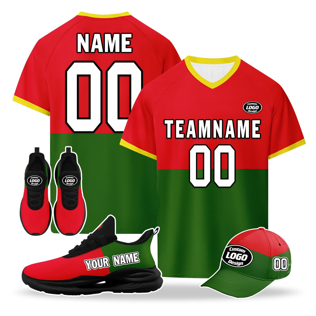 Custom Portugal 2026 World Cup High Quality Soccer Stadium Version Jersey Sneakers Sports Shoes and Hat Combo Offer Personalized Team Name and Logo ZH-F028106-1