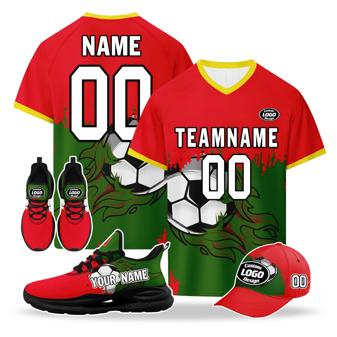 Custom Portugal 2026 World Cup High Quality Soccer Stadium Version Jersey Sneakers Sports Shoes and Hat Combo Offer Personalized Team Name and Logo ZH-F028106-5