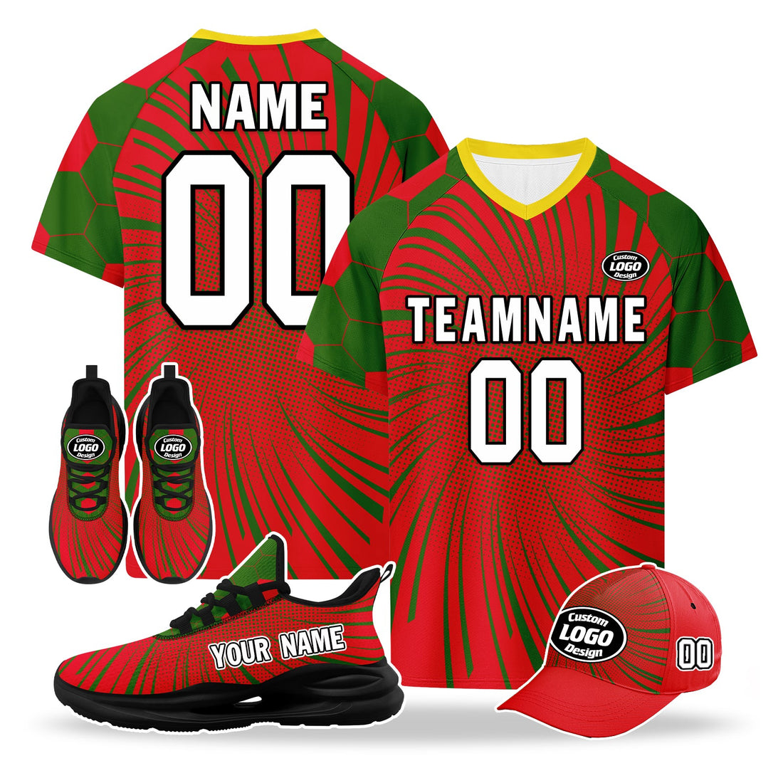 Custom Portugal 2026 World Cup High Quality Soccer Stadium Version Jersey Sneakers Sports Shoes and Hat Combo Offer Personalized Team Name and Logo ZH-F028106-7