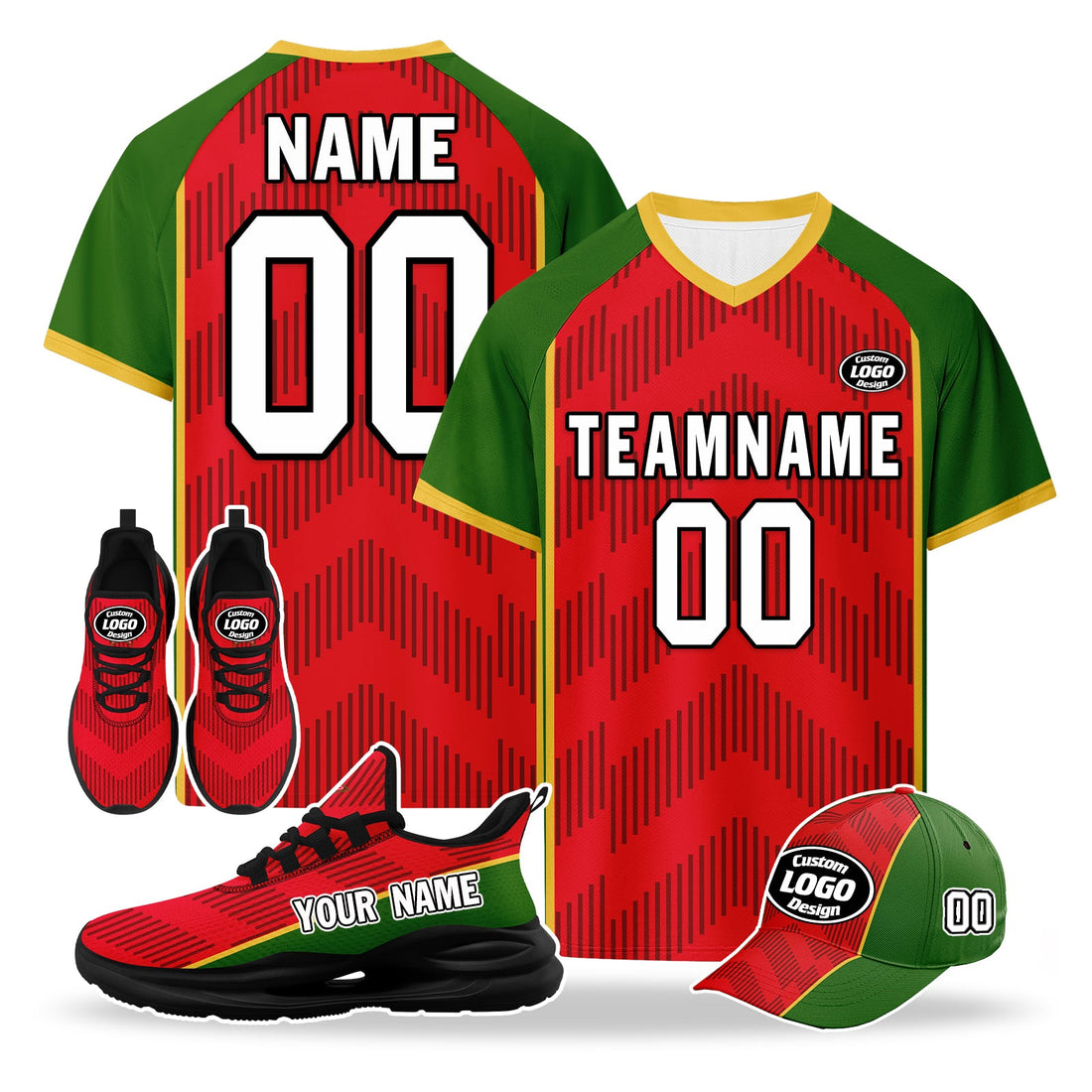 Custom Portugal 2026 World Cup High Quality Soccer Stadium Version Jersey Sneakers Sports Shoes and Hat Combo Offer Personalized Team Name and Logo ZH-F028106-9