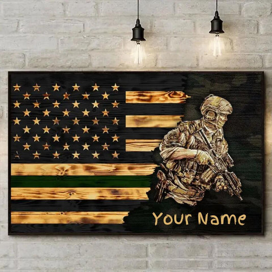 Personalized Branch & Name Half Thin Green Line Soldier Veteran Poster Canvas For Veterans HB-C01100