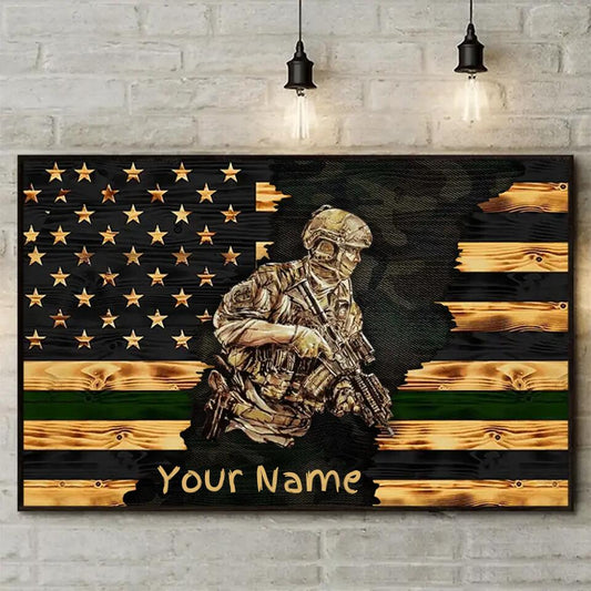 Personalized Branch & Name Half Thin Green Line Soldier Veteran Poster Canvas For Veterans HB-C03100