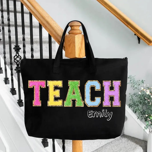 Chenille Patch Teacher Tote Bag, Teacher Appreciation Gift Ideas for Teacher End of Year, Personalized Embroidered Custom Teacher Bag, Bags-C05100