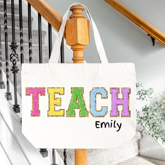Chenille Patch Teacher Tote Bag, Teacher Appreciation Gift Ideas for Teacher End of Year, Personalized Embroidered Custom Teacher Bag, Bags-C05100