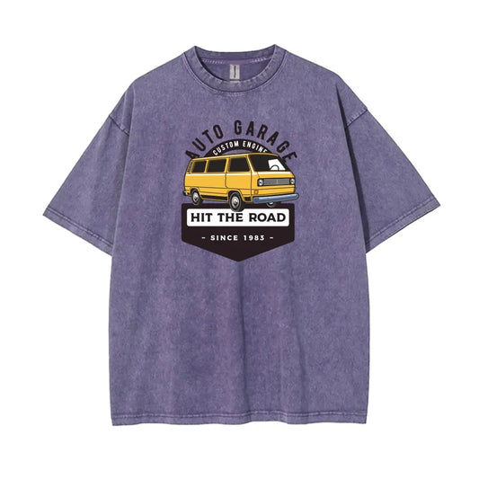 Customized Back To School T-shirt, Water-Wash Cotton Tee with Cool Car design, 89000-23020036